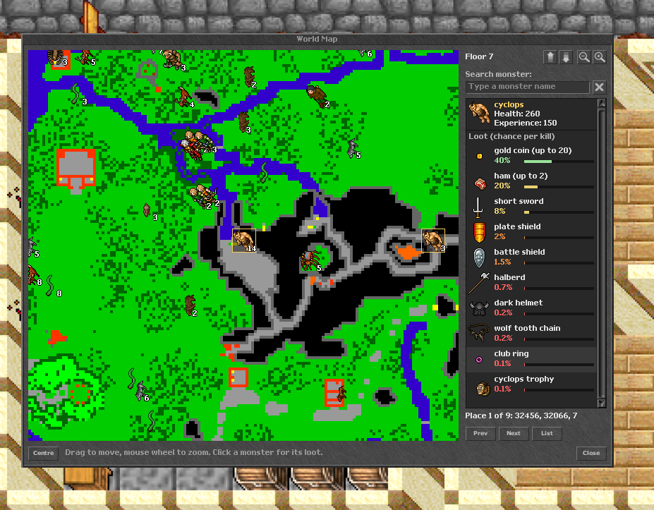 Mapa Mundial mostrando a vida, a experiência e o loot de um Cyclops
